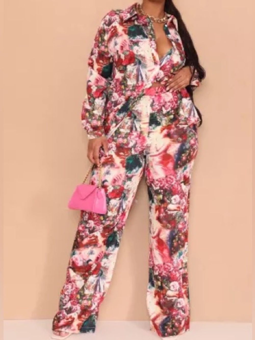 PrettyLittleThing Rose Femme Renaissance Floral Blouse and Pant Set